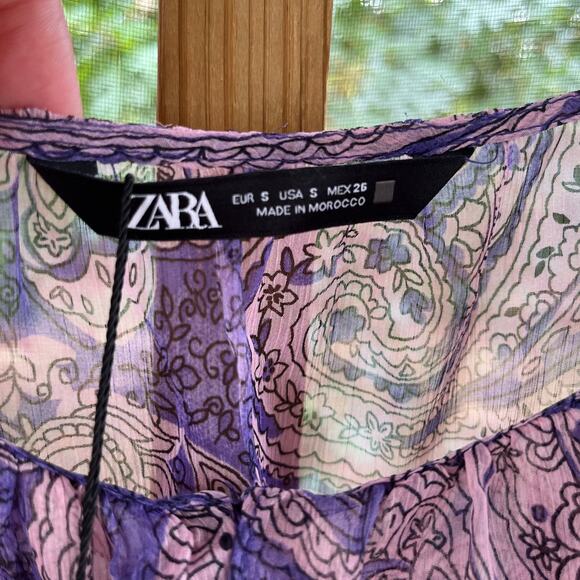 Zara Women's Sheer Purple Paisley Cropped Blouse Size S. NEW - Picture 6 of 9